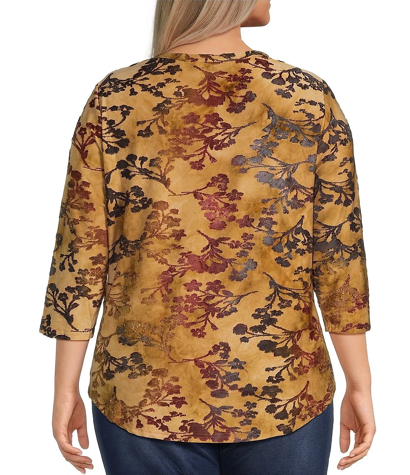 Calessa Plus Size Burnout Tie-Dye Crew Neck 3/4 Sleeve Top