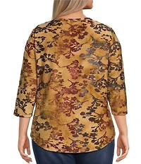 Calessa Plus Size Burnout Tie-Dye Crew Neck 3/4 Sleeve Top