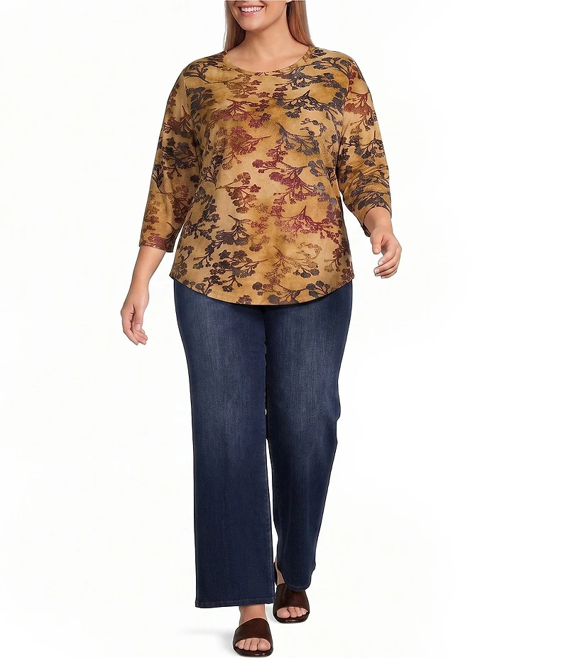 Calessa Plus Size Burnout Tie-Dye Crew Neck 3/4 Sleeve Top