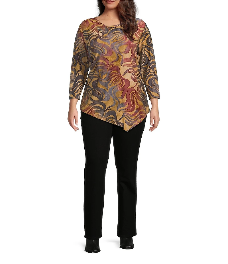 Calessa Plus Size Burnout Tie-Dye Printed Crew Neck 3/4 Sleeve Asymmetric Dipped Hem Tunic