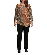 Calessa Plus Size Burnout Tie-Dye Printed Crew Neck 3/4 Sleeve Asymmetric Dipped Hem Tunic