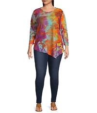 Calessa Plus Size Stretch Burnout Knit Tie-Dye Crew Neck 3/4 Sleeve Asymmetric Hem Tunic