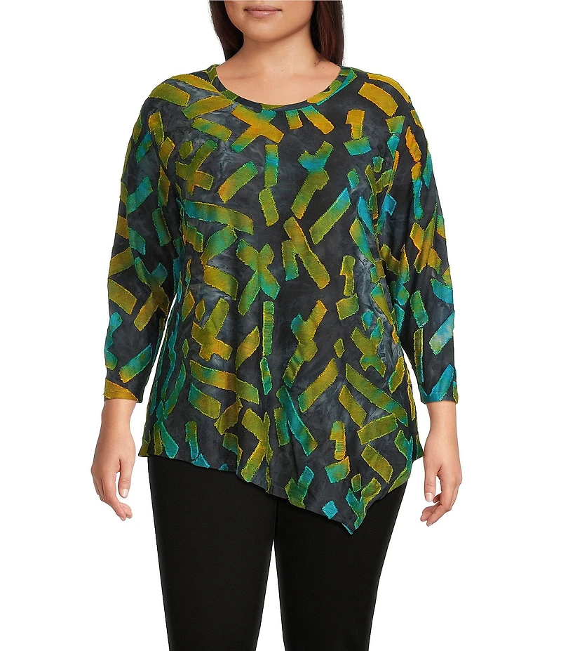 Calessa Plus Size Burnout Tie-Dye Crew Neck Long Sleeve Asymmetric Tunic