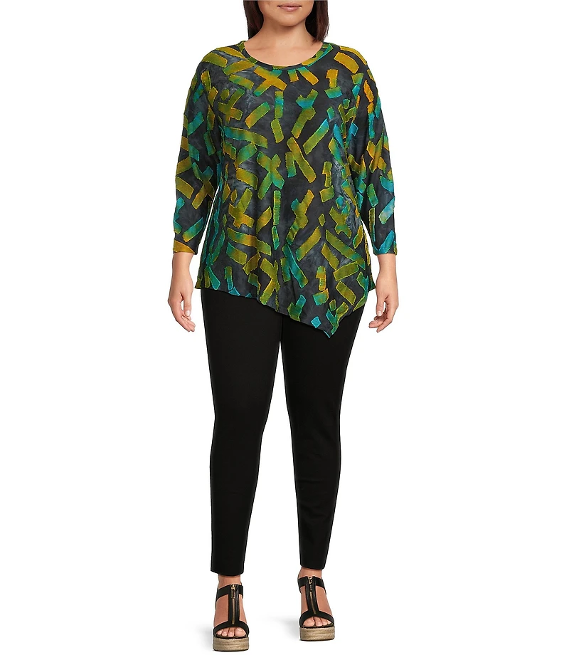 Calessa Plus Size Burnout Tie-Dye Crew Neck Long Sleeve Asymmetric Tunic