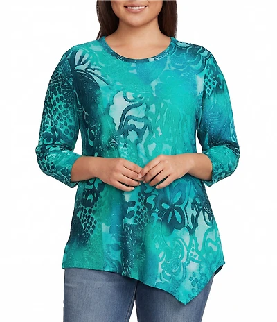 Calessa Plus Size Burnout Tie-Dye Crew Neck Short Sleeve Asymmetric Tunic