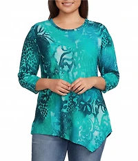 Calessa Plus Size Burnout Tie-Dye Crew Neck Short Sleeve Asymmetric Tunic
