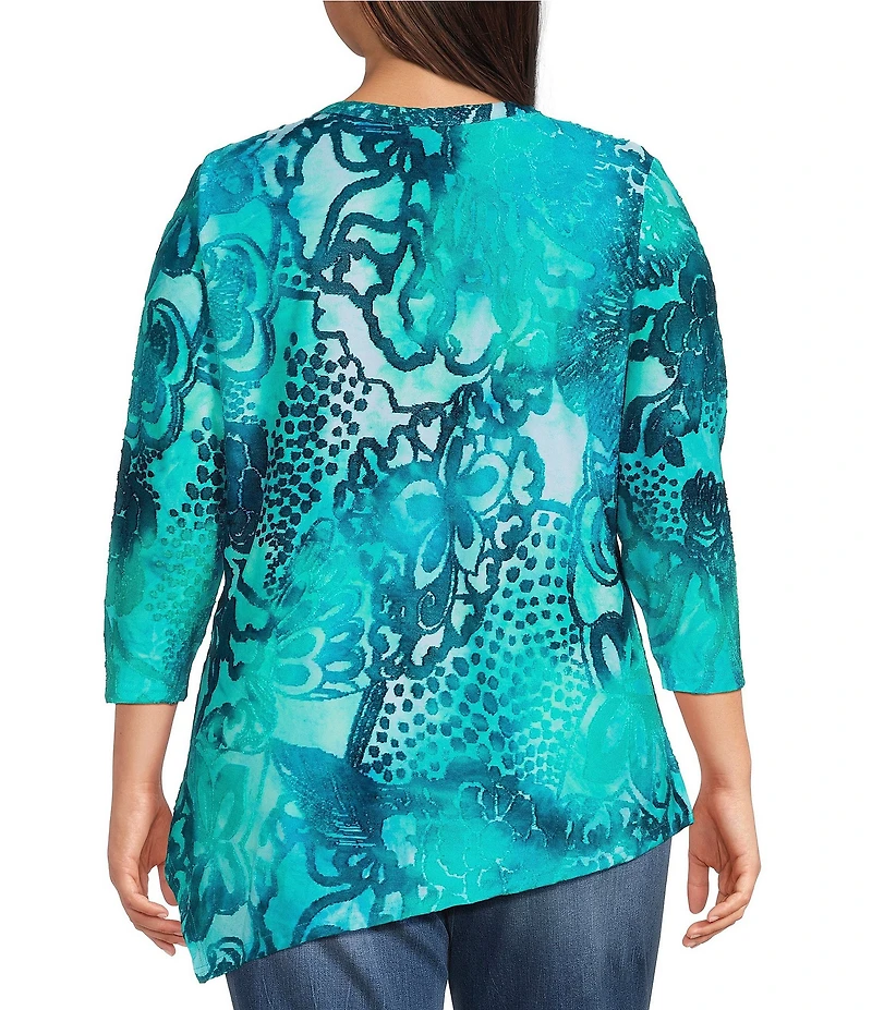 Calessa Plus Size Burnout Tie-Dye Crew Neck Short Sleeve Asymmetric Tunic