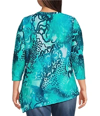 Calessa Plus Size Burnout Tie-Dye Crew Neck Short Sleeve Asymmetric Tunic