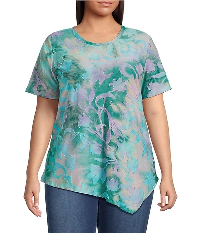 Calessa Plus Size Burnout Tie-Dye Crew Neck Short Sleeve Asymmetric Tunic