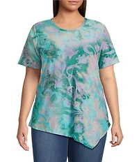Calessa Plus Size Burnout Tie-Dye Crew Neck Short Sleeve Asymmetric Tunic