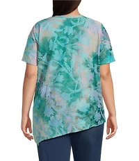 Calessa Plus Size Burnout Tie-Dye Crew Neck Short Sleeve Asymmetric Tunic