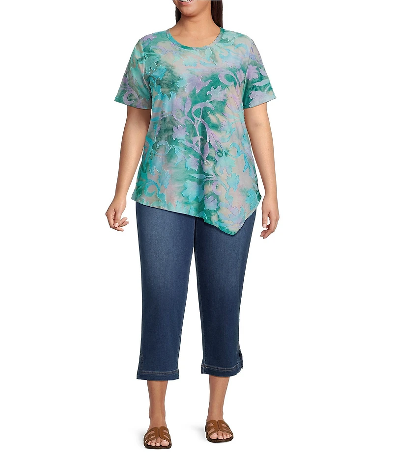 Calessa Plus Size Burnout Tie-Dye Crew Neck Short Sleeve Asymmetric Tunic