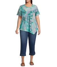 Calessa Plus Size Burnout Tie-Dye Crew Neck Short Sleeve Asymmetric Tunic