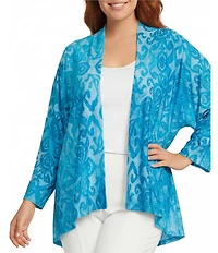 Calessa Plus Size Burnout Tie-Dye Drape Collar Wrist Length Sleeve Open Front Cardigan