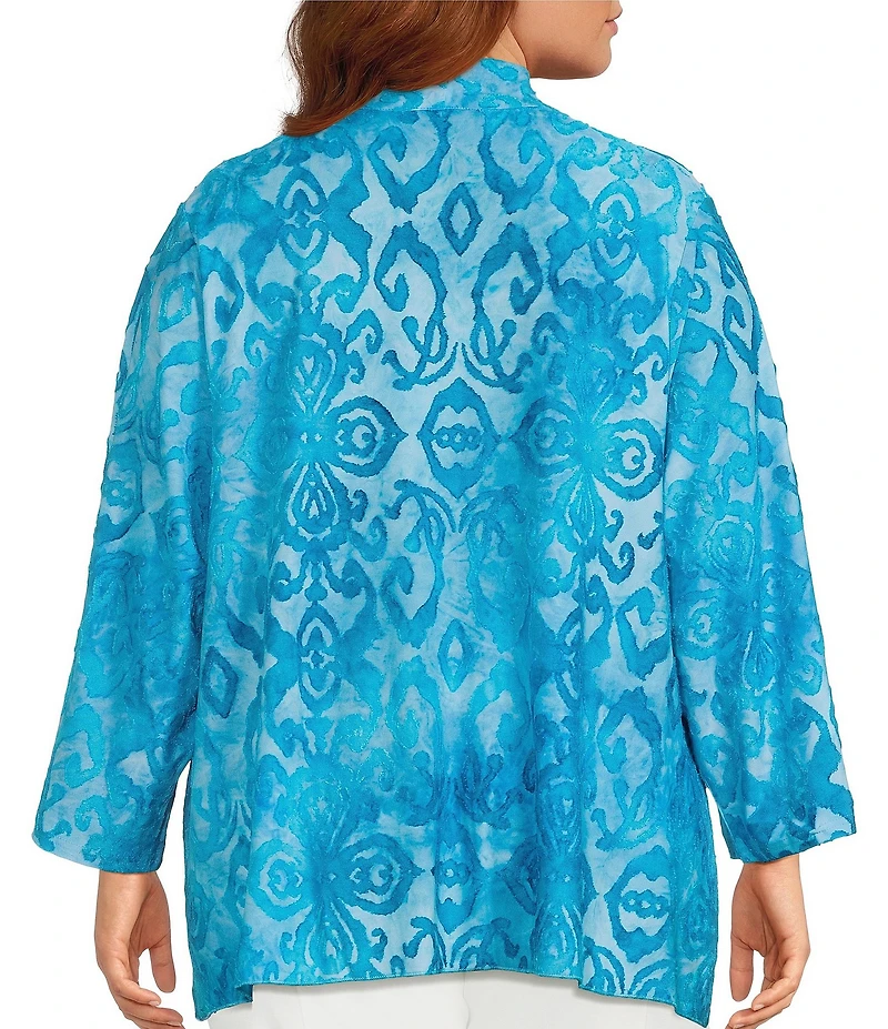 Calessa Plus Size Burnout Tie-Dye Drape Collar Wrist Length Sleeve Open Front Cardigan