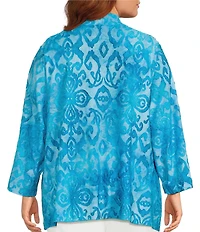 Calessa Plus Size Burnout Tie-Dye Drape Collar Wrist Length Sleeve Open Front Cardigan