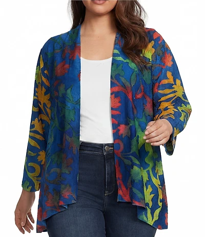 Calessa Plus Size Burnout Tie-Dye Draped Collar Wrist Length Sleeve Open Front Cardigan