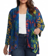 Calessa Plus Size Burnout Tie-Dye Draped Collar Wrist Length Sleeve Open Front Cardigan