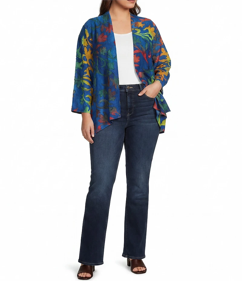 Calessa Plus Size Burnout Tie-Dye Draped Collar Wrist Length Sleeve Open Front Cardigan