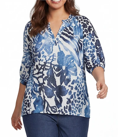 Calessa Plus Size Burnout Tie-Dye Floral Round Neck Elbow Length Balloon Sleeve Tunic