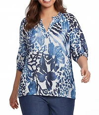 Calessa Plus Size Burnout Tie-Dye Floral Round Neck Elbow Length Balloon Sleeve Tunic