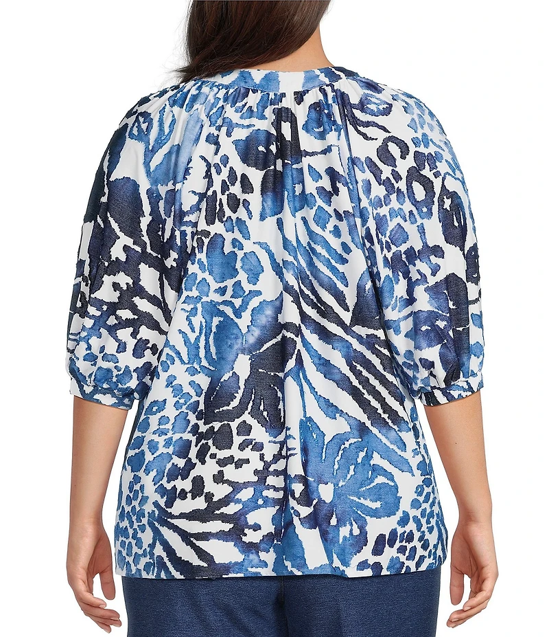 Calessa Plus Size Burnout Tie-Dye Floral Round Neck Elbow Length Balloon Sleeve Tunic
