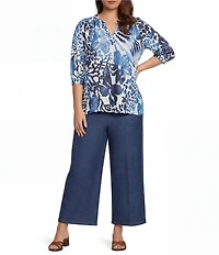 Calessa Plus Size Burnout Tie-Dye Floral Round Neck Elbow Length Balloon Sleeve Tunic