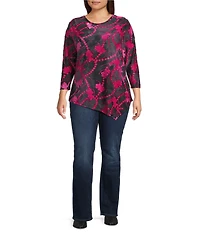 Calessa Plus Size Burnout Tie-Dye Knit Crew Neck 3/4 Sleeve Asymmetric Dipped Hem Top
