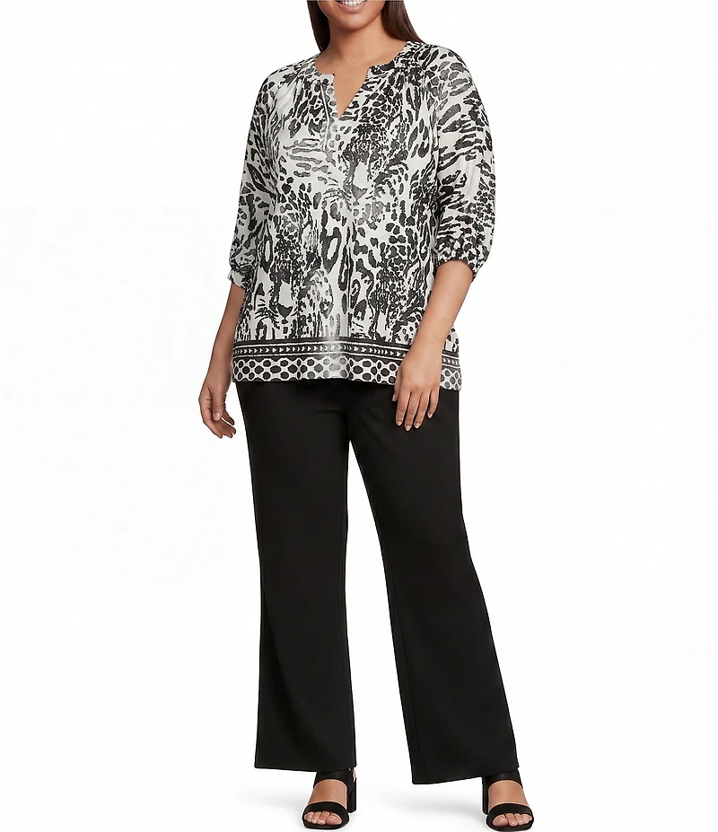 Calessa Plus Size Burnout Tie-Dye Knit Scoop Neck 3/4 Sleeve Tunic