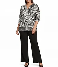 Calessa Plus Size Burnout Tie-Dye Knit Scoop Neck 3/4 Sleeve Tunic