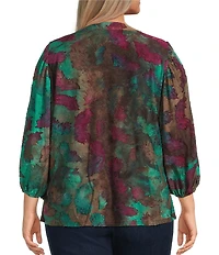 Calessa Plus Size Burnout Tie Dye Knit Split V-Neck Bracelet Sleeve Top