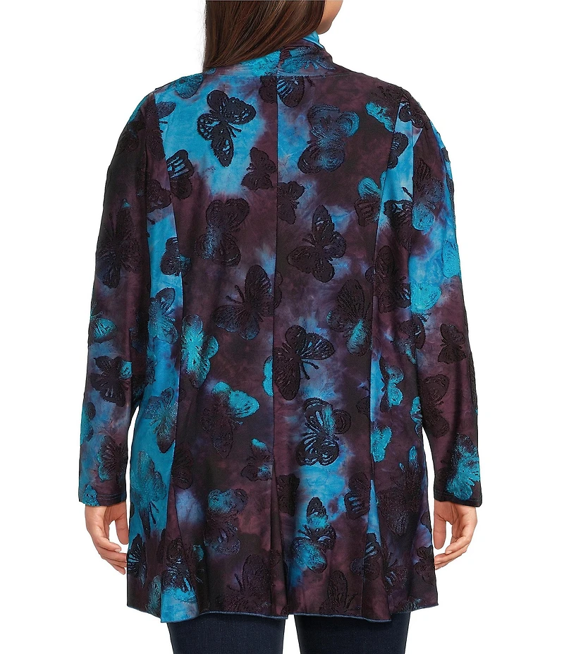 Calessa Plus Size Burnout Tie-Dye Butterfly Knit Wrist Sleeve Open-Front Cardigan