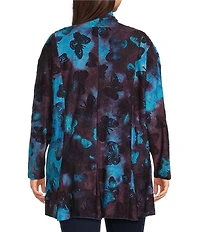 Calessa Plus Size Burnout Tie-Dye Butterfly Knit Wrist Sleeve Open-Front Cardigan