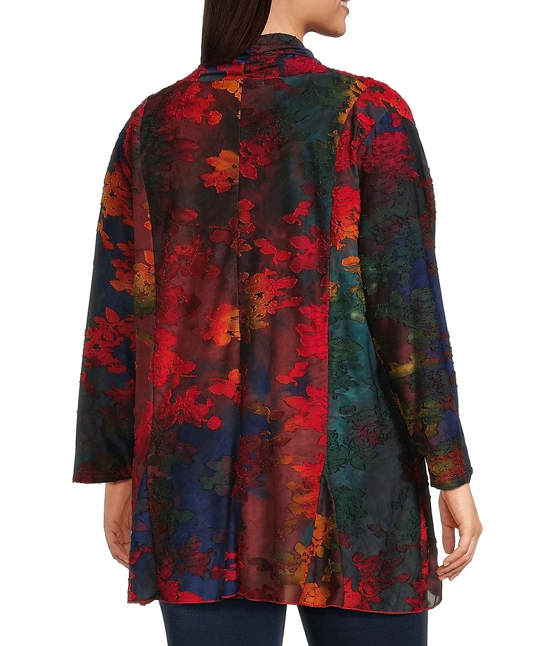 Calessa Plus Size Burnout Tie-Dye Bracelet Sleeve Drape Open Front Cardigan