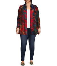 Calessa Plus Size Burnout Tie-Dye Bracelet Sleeve Drape Open Front Cardigan