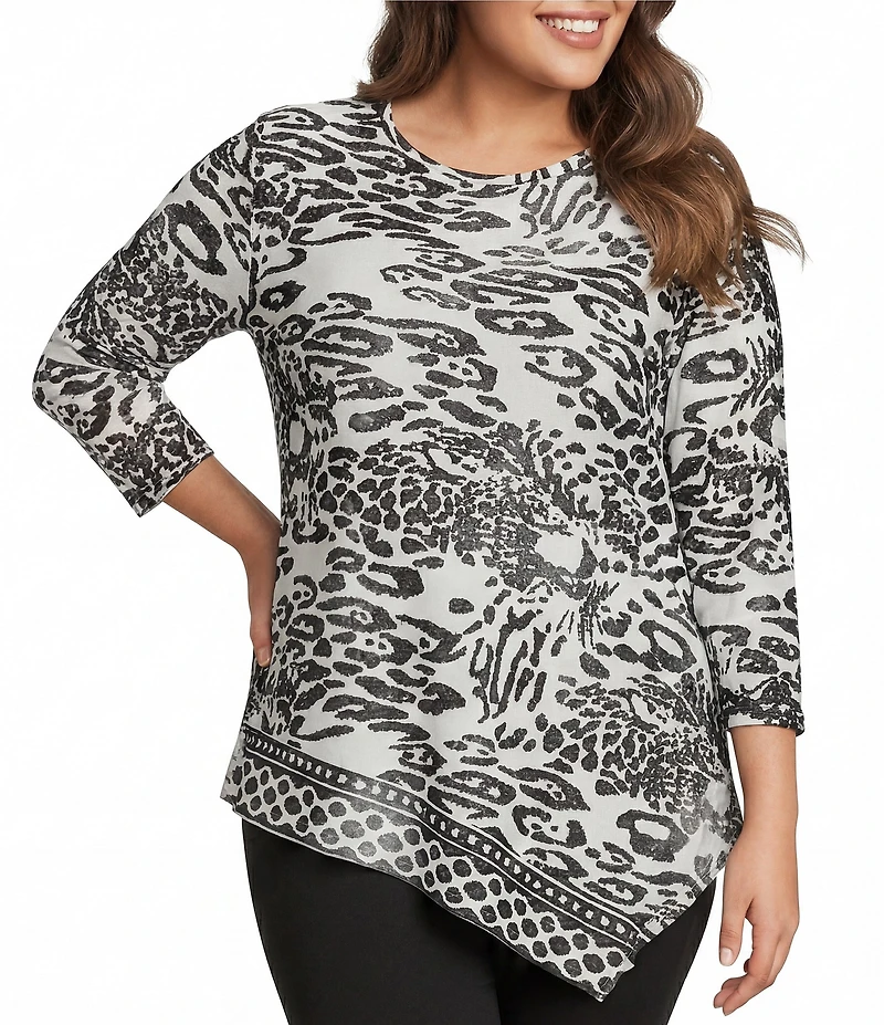 Calessa Plus Size Burnout Tie-Dye Round Neck 3/4 Sleeve Tunic