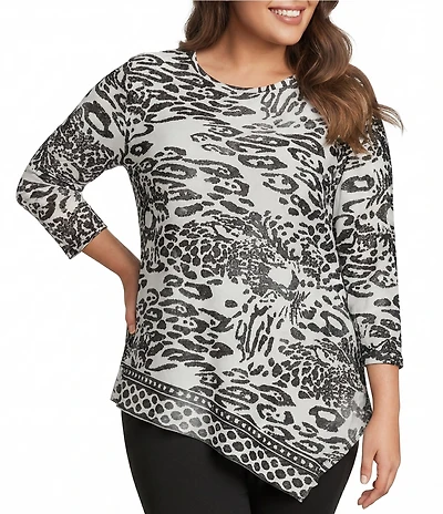Calessa Plus Size Burnout Tie-Dye Round Neck 3/4 Sleeve Tunic