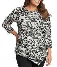 Calessa Plus Size Burnout Tie-Dye Round Neck 3/4 Sleeve Tunic