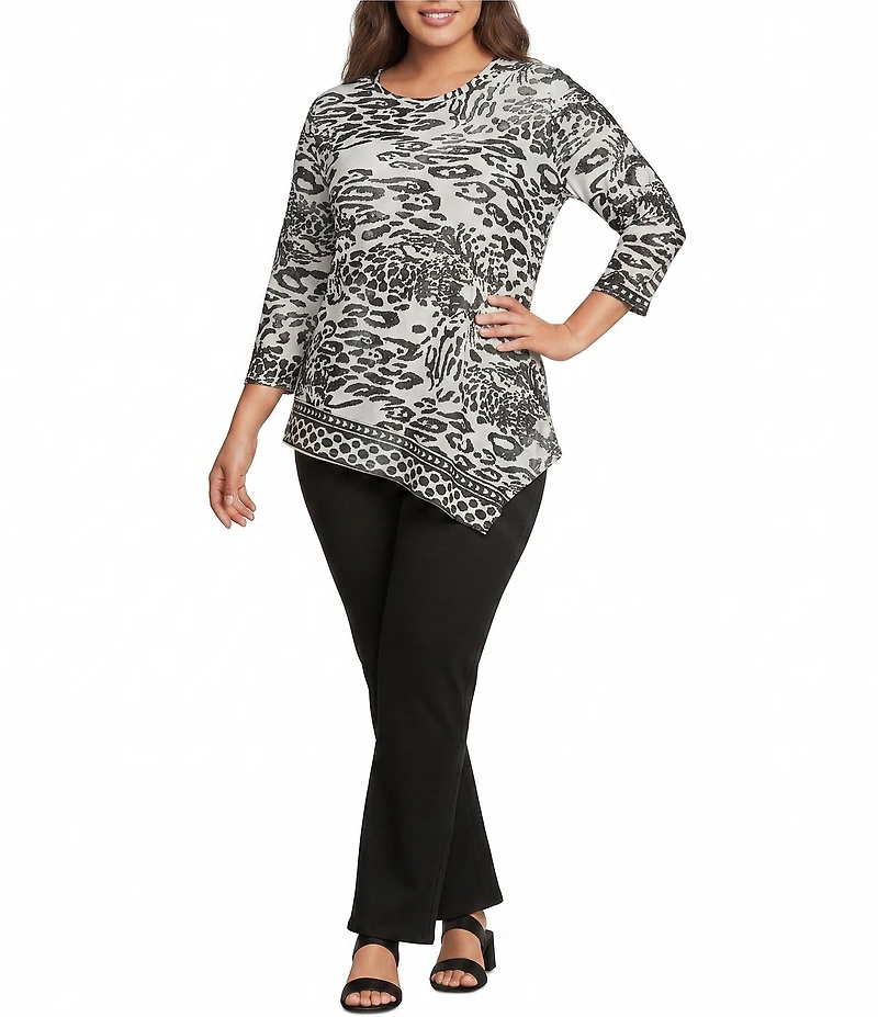 Calessa Plus Size Burnout Tie-Dye Round Neck 3/4 Sleeve Tunic