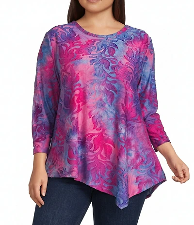 Calessa Plus Size Burnout Tie-Dye Round Neck 3/4 Sleeve Tunic