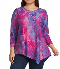 Calessa Plus Size Burnout Tie-Dye Round Neck 3/4 Sleeve Tunic