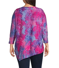 Calessa Plus Size Burnout Tie-Dye Round Neck 3/4 Sleeve Tunic