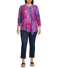 Calessa Plus Size Burnout Tie-Dye Round Neck 3/4 Sleeve Tunic