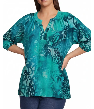 Calessa Plus Size Burnout Tie-Dye Round Neck Elbow Length Sleeve Tunic