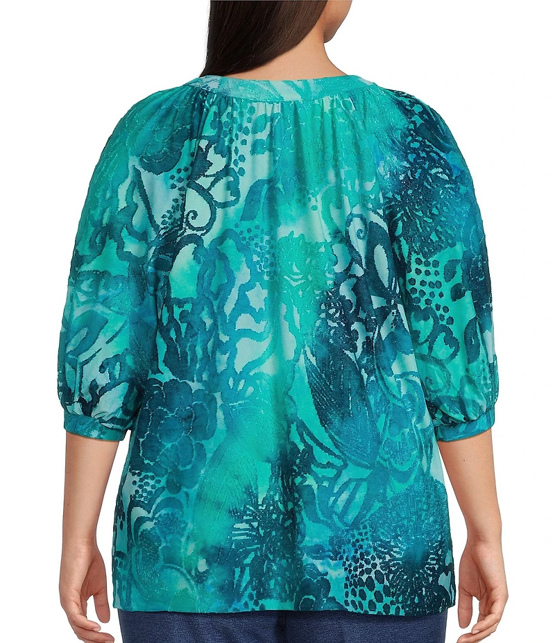 Calessa Plus Size Burnout Tie-Dye Round Neck Elbow Length Sleeve Tunic