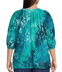 Calessa Plus Size Burnout Tie-Dye Round Neck Elbow Length Sleeve Tunic