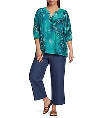 Calessa Plus Size Burnout Tie-Dye Round Neck Elbow Length Sleeve Tunic