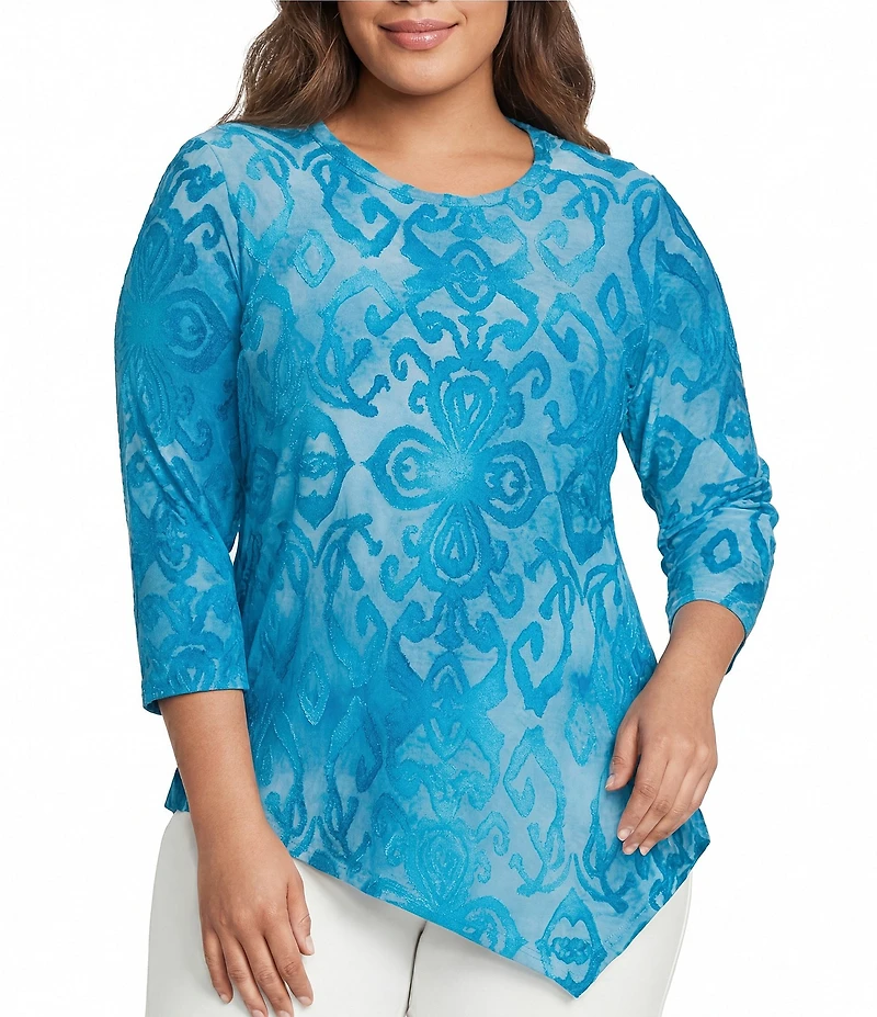 Calessa Plus Size Burnout Tie-Dye Round Neck 3/4 Sleeve Tunic