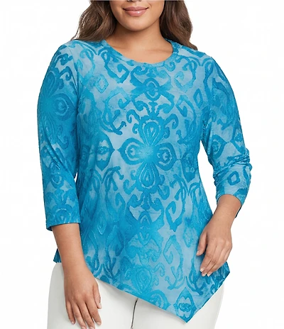 Calessa Plus Size Burnout Tie-Dye Round Neck 3/4 Sleeve Tunic