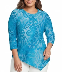 Calessa Plus Size Burnout Tie-Dye Round Neck 3/4 Sleeve Tunic